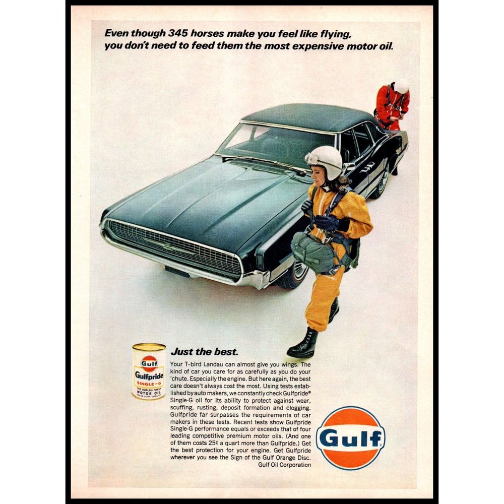 1967 Gulf Oil Gulfpride Single G Vintage Print Ad Thunderbird Landau Wall Art